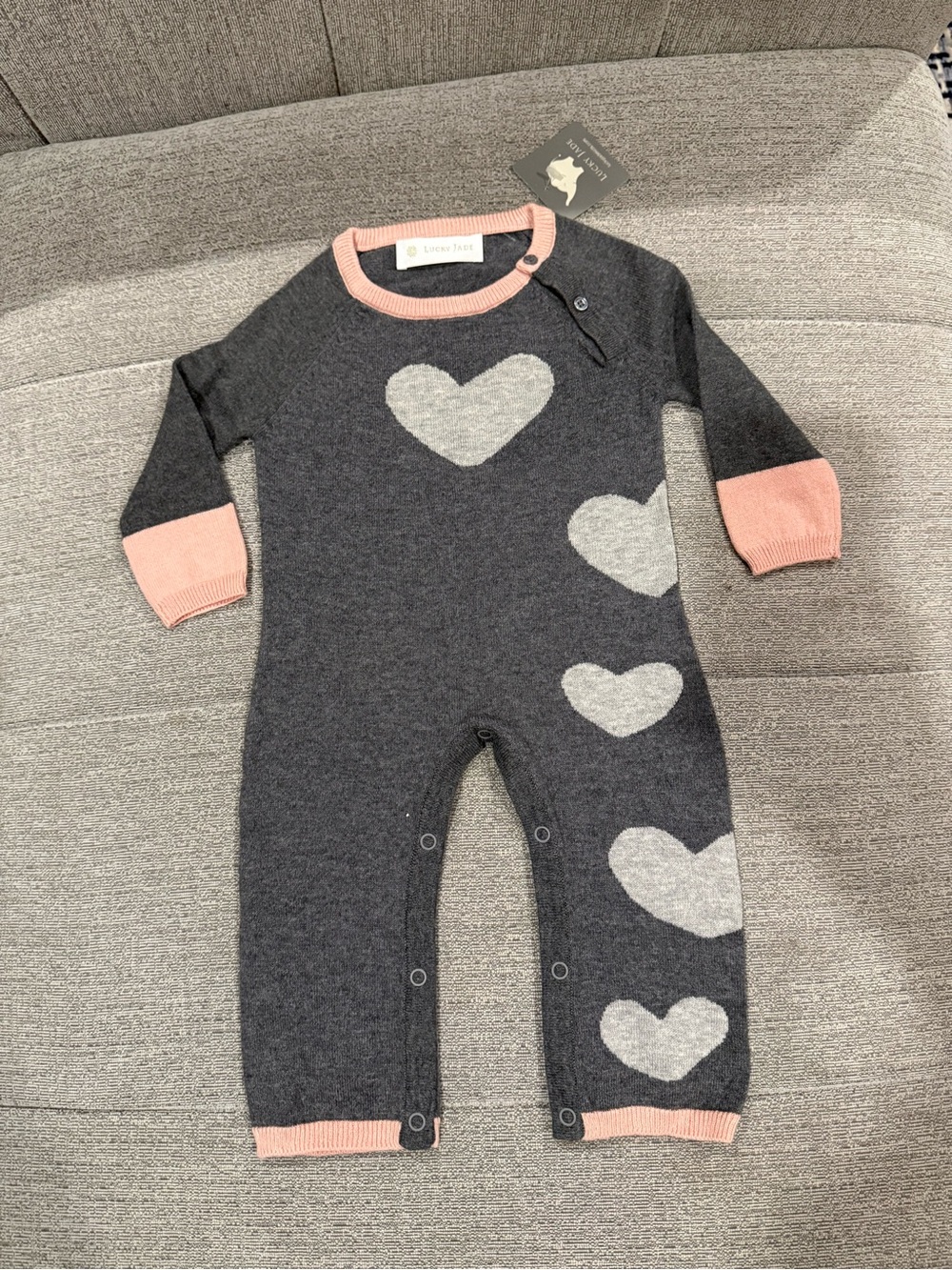 Lucky Jade Baby Girl Gray Knit Heart One-Piece with Pink Trim